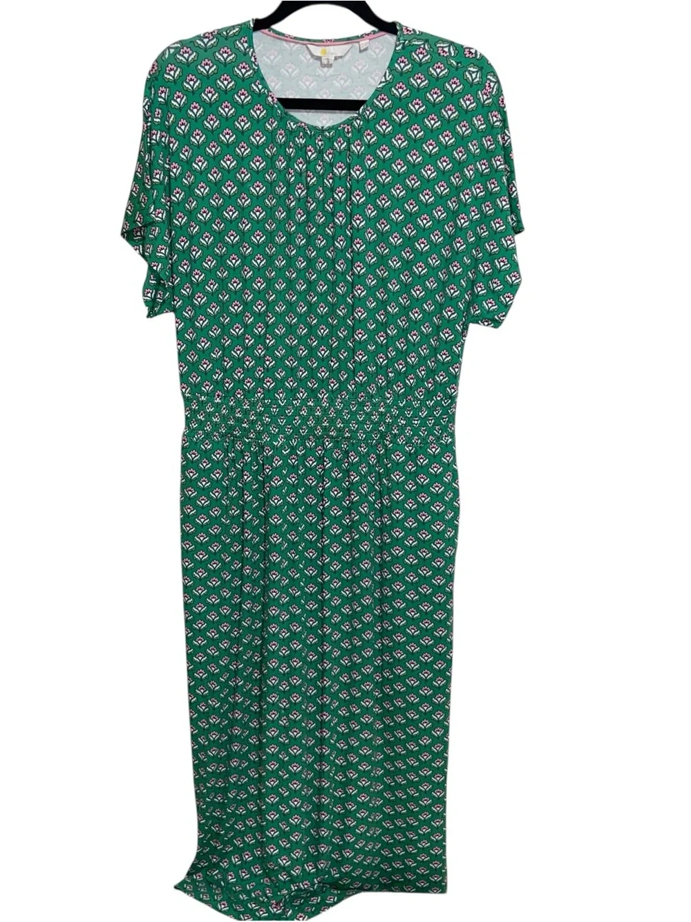 Boden Dress Womens Size 12 Highland Geo Floral Kelly Green Smocked Waist Pockets - Picture 3 of 14